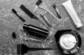 Tools for hair dye in barbershop on gray background top view Royalty Free Stock Photo