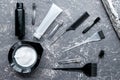 Tools for hair dye in barbershop on gray background top view Royalty Free Stock Photo