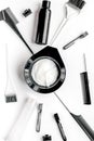 Tools for hair dye in barbershop on white background top view Royalty Free Stock Photo