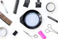 Tools for hair dye and hairdye top view white background Royalty Free Stock Photo