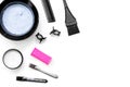 Tools for hair dye and hairdye top view white background Royalty Free Stock Photo