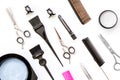 Tools for hair dye and hairdye top view white background Royalty Free Stock Photo