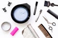 Tools for hair dye and hairdye top view white background Royalty Free Stock Photo