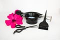 Tools for hair dye and hairdye white background.Barber set with hair dye, foil and brush, scissors and curlers. Set for coloring. Royalty Free Stock Photo