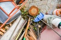 Tools for the home garden. View from above. Home street tools Royalty Free Stock Photo