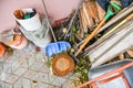 Tools for the home garden. View from above. Home street tools Royalty Free Stock Photo