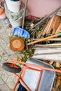 Tools for the home garden. View from above. Home street tools Royalty Free Stock Photo