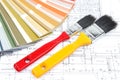 Tools for home renovation on architectural drawing