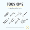 Tools Icons Set (Pliers, Wrench, Axe, Screwdriver, Saw, Brush, Hammer, Tape Measure) Royalty Free Stock Photo