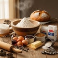Tools include a rolling pin, whisk, pastry cutters, a cooling rack with freshly Royalty Free Stock Photo