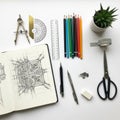 Tools including a compass protractor ruler colored pencils and Royalty Free Stock Photo