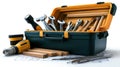 Tools including screwdriver bits and wood dowels are organized in a toolkit, accompanied by construction blueprints on a Royalty Free Stock Photo