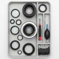 Tools, including various lens sizes, a lens blower, a set of Royalty Free Stock Photo