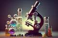 tools labratory pharmaceutical medical Chemistry molecule model vials flasks, Microscope