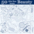 Tools for makeup. Set of 50 cosmetic icons in thin line on noteboook.