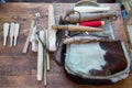 Tools for making wooden instruments zhaleyka, flutes. Selective focus.