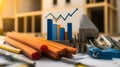Construction project tools and materials with financial charts showcasing progress in an indoor workspace Royalty Free Stock Photo