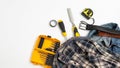 Tools near checkered shirt, jeans, leather belt top view. men`s hobby flat lay Royalty Free Stock Photo