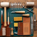 Tools are neatly arranged on a cutting mat. Includes a wooden mallet, Royalty Free Stock Photo