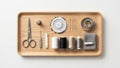 Tools neatly arranged on a light wooden tray include a pair of Royalty Free Stock Photo