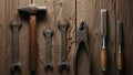 Tools are neatly arranged on a rustic wooden surface including a Royalty Free Stock Photo