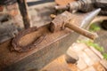 Tools in an old blacksmith& x27;s workshop. Horseshoe and hammer on a large anvil Royalty Free Stock Photo
