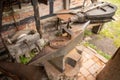 Tools in an old blacksmith& x27;s workshop. Horseshoe and hammer on a large anvil