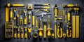 tools organized in a standardized way knolling type in black and yellow on a dark background Creative AI