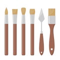 Tools for painting. Paint brushes, various forms. Different artist brushes, palette knife, icon set. Vector flat illustration,