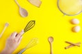 Tools pastry kitchen utensile for cooking dessert, over yellow background with copy space, still life. Top view. Royalty Free Stock Photo