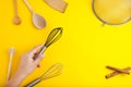 Tools pastry kitchen utensile for cooking dessert, over yellow background with copy space, still life. Top view. Royalty Free Stock Photo