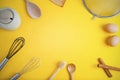 Tools pastry kitchen utensile for cooking dessert, over yellow background with copy space, still life. Top view. Royalty Free Stock Photo