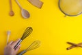 Tools pastry kitchen utensile for cooking dessert, over yellow background with copy space, still life. Top view. Royalty Free Stock Photo