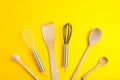 Tools pastry kitchen utensile for cooking dessert, over yellow background with copy space, still life. Top view. Royalty Free Stock Photo