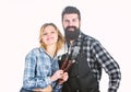 Tools for roasting meat outdoors. Picnic and barbecue. Culinary concept. Man bearded hipster and girl ready for barbecue Royalty Free Stock Photo