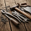 Tools on a rustic wooden surface. Includes a hammer with a wooden Royalty Free Stock Photo