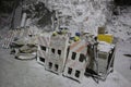 Safety equipment and tools piled up underground at a salt mine