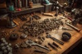 tools, screws, and small bike parts on workshop table