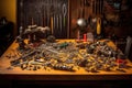 tools, screws, and small bike parts on workshop table