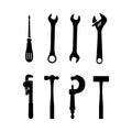 Tools set icon vector design. Hammer, screwdriver, wrench, instrument collection silhouette vector Royalty Free Stock Photo