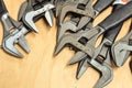Tools set in vintage picture style . set of hand tools on a wooden background, Wrench tools or Pipe wrench for hard work Royalty Free Stock Photo