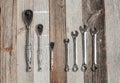 Tools, set wrenches on a wood background Royalty Free Stock Photo