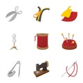 Tools for sewing dresses icons set, cartoon style Royalty Free Stock Photo
