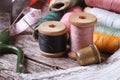 Tools for sewing: thread, scissors, tape, needle, thimble Royalty Free Stock Photo