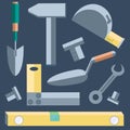 Tools shovel, level, putty knife, wrench, hammer Royalty Free Stock Photo