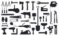 Tools silhouette. Working construction and repair tools, ax, shovel and drill black silhouettes isolated vector Royalty Free Stock Photo