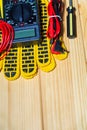 Tools and spare parts for electrician on wooden boards Royalty Free Stock Photo