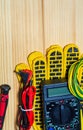 Tools and spare parts for electrician on wooden boards Royalty Free Stock Photo