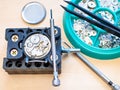 Tools and spare parts prepared for watch repairing Royalty Free Stock Photo