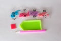 Tools - stylus for gluing diamond mosaic and green plastic tray, small beads in bags